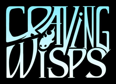 Craving Wisps: Tall art-deco serif letters with teal glow and a wisp icon cutout.