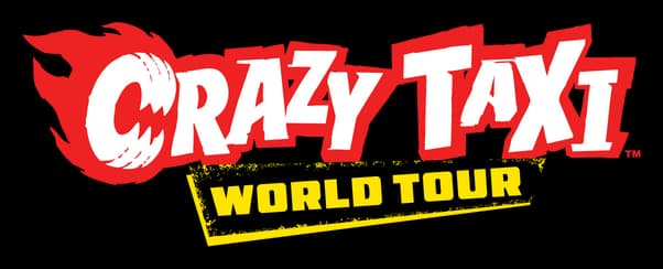 Crazy Taxi: Jagged italic letters with flame-styled C and gritty angled stamp text.