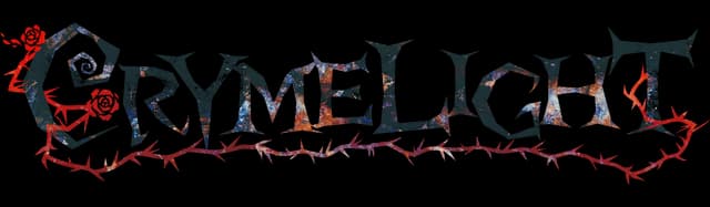 CRYMELIGHT: Gothic serif lettering with grunge texture and red splatter underline.