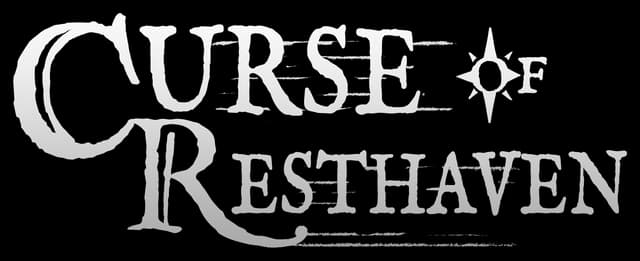 Curse of Resthaven: Distressed gothic serif lettering with scratch streaks and star icon.