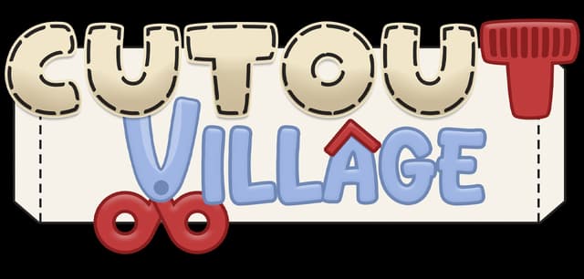 Cutout Village: Stitched, puffy letters with paper-cut edges and scissor icon accent.