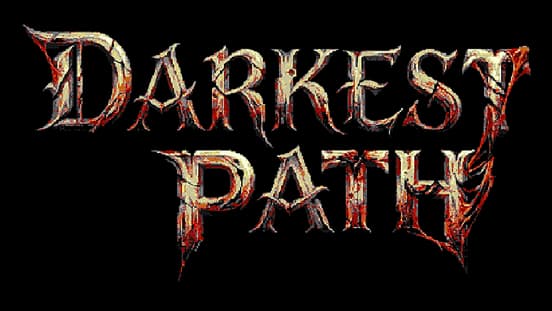 Darkest Path: jagged gothic serif lettering with cracked texture and blood-red splatter.