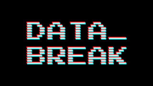 Retro pixelated font with red and cyan glitching effect; futuristic feel.