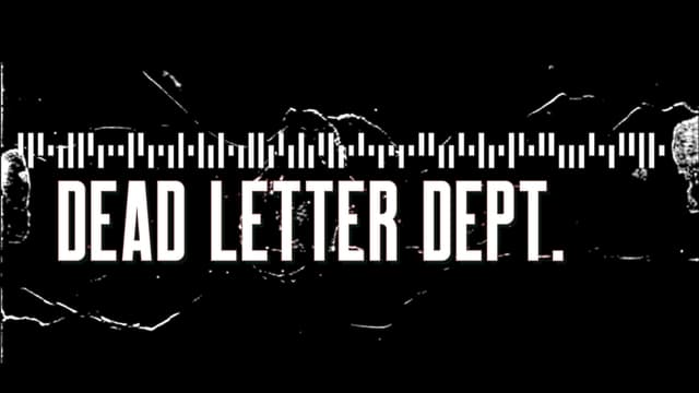 Digital glitch text with bold, tall letters and a static interference effect.