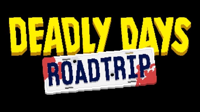Bold yellow text with shadow; "Roadtrip" on a blood-splattered license plate.