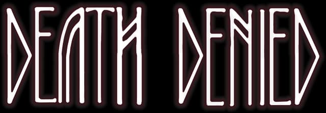 Death Denied: Tall Art Deco-style letters with a neon outline and soft glow effect.