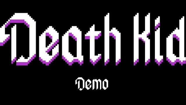 Pixelated gothic font with purple shadowing, evoking a vintage game feel.