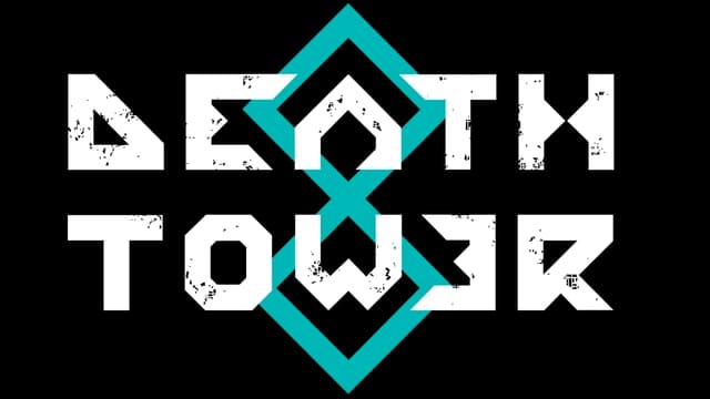 Stylized blocky text with angular cuts and blue diamond motifs.