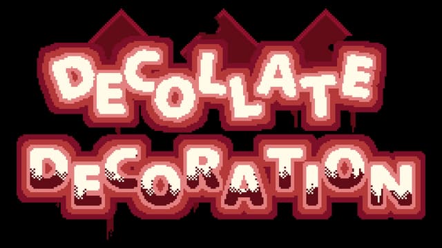 Pixelated font with a layered shadow effect and dark red, jagged roof silhouettes.