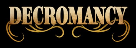 Decromancy: Gold beveled serif lettering with glitter specks and ornate swirls below.