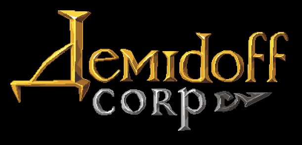 Demidoff Corp: Gold medieval serif with beveled shine; silver CORP with blade tail.