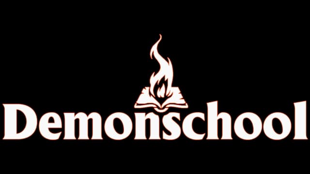 Stylized serif font with flaming book graphic at the top center.