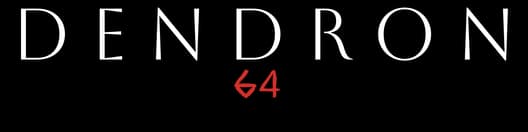 Dendron 64: Bold uppercase serif letters with horizontal glitch lines, red “64” beneath.
