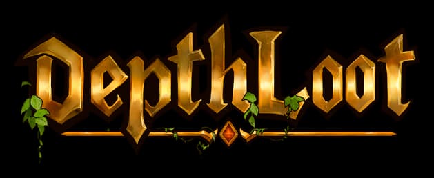 DepthLoot: beveled gold medieval serif letters with vine accents and sword underline.