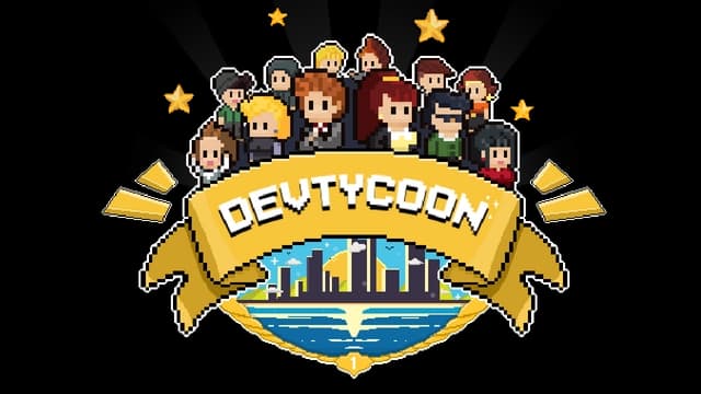 Pixel art characters, angular font on ribbon, stars, city skyline below.
