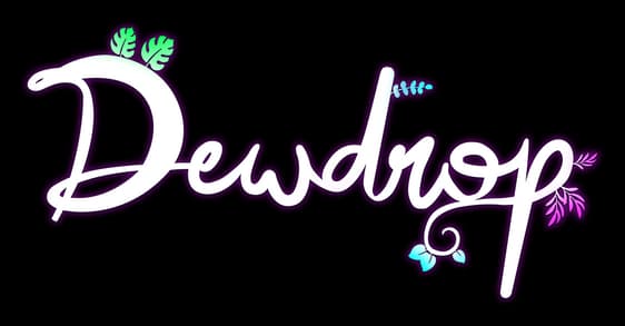 Dewdrop: flowing script with bold pink outline, leafy accents, and curled tail flourish.