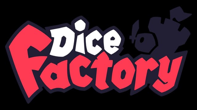 Dice Factory: Bold cartoon font, red and white letters with thick black outline.