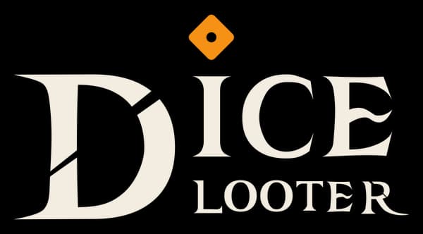 Dice Looter: Bold serif lettering with oversized D, chipped edges, and a die icon above.