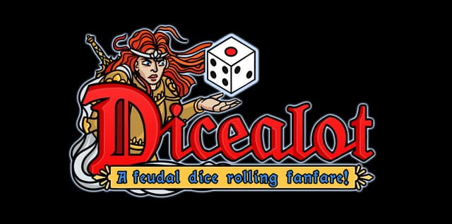 Red, medieval-style bold font with character illustration; dice placed above.