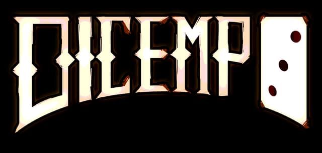 Dicempo: Arched bold serif letters with gold outline, beveled shading, dice icon at end.