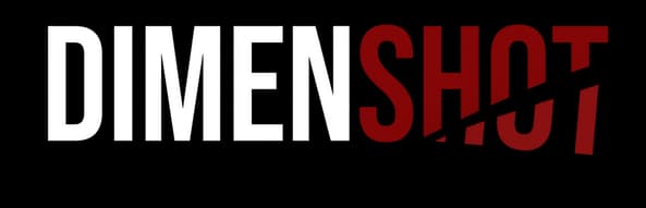 Dimenshot: Bold condensed sans-serif wordmark, split-color with diagonal cut in SHOT.