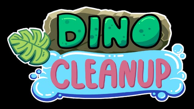 Dino Cleanup: Chunky rounded letters on stone slab with bubbly splash banner and leaf icon.