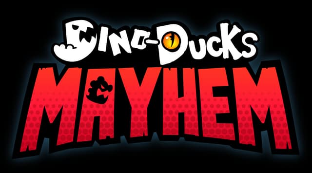 Dino-Ducks Mayhem: Cartoon chunky lettering, bold red MAYHEM with halftone shading.