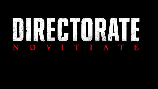 Directorate Novitiate Demo: Bold white letters with red, fragmented accents below.