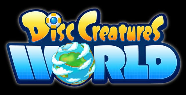 Disc Creatures WORLD: Rounded yellow-blue title over bold gradient WORLD with globe O.