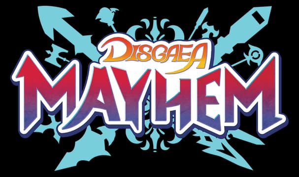 Disgaea Mayhem: bold beveled letters with red-blue gradient and thick white outline.