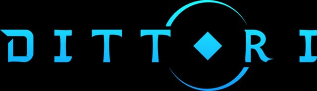 DITTORI: Wide-spaced, sharp serif caps in cyan, with ringed O and diamond core.