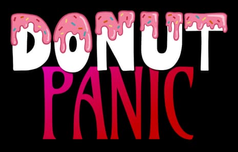DONUT PANIC: bold white letters with pink dripping icing; PANIC in jagged red serif.