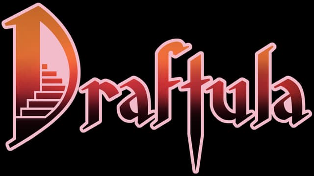 Draftula: Gothic serif wordmark with gradient fill, thick outline, and dagger-like T.