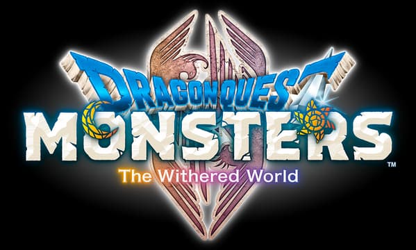 DRAGON QUEST MONSTERS: Beveled stone letters with blue 3D DRAGON QUEST banner and crest.