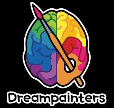 Dreampainters: Rounded bold wordmark with thick outline beneath rainbow brain icon.