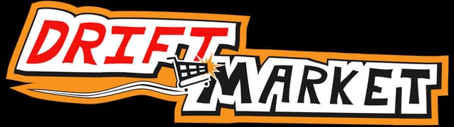 Drift Market: Bold comic lettering with thick outline, tilted DRIFT and cart icon.