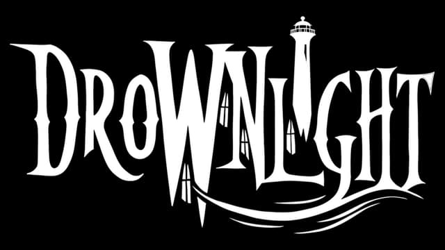 Gothic font with window motifs; lighthouse replaces "i," waves underline text.