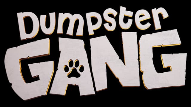 Dumpster Gang: Chunky off-kilter block letters with rough texture and orange glow outline.