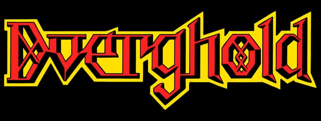 Dverghold: Angular gothic wordmark, red fill with thick gold outline and shadow.