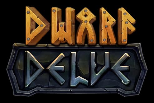 Dwarf Delve: Carved wood title over chiseled stone text on a beveled plaque.