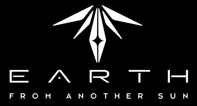 Stylized blocky font with angular emblem above, spaced futuristic text.