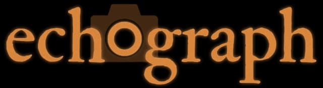 Echograph: Rounded serif letters with camera silhouette replacing the central O.