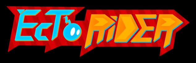 Ectorider: Angular 3D block letters with teal outlines, orange fill, red shard backing.