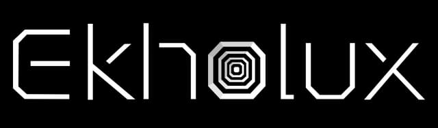 Ekholux: Angular sci-fi wordmark with octagonal tunnel “O” and sharp strokes.