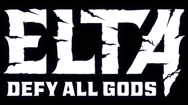 Elta: Jagged cracked stone-style block letters with bold tagline beneath.