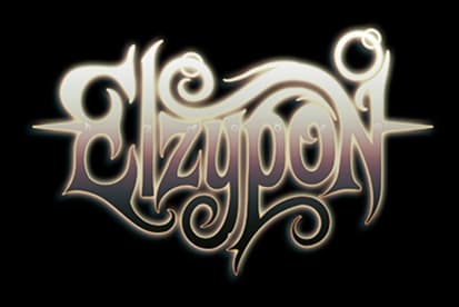 Elzypon: Ornate calligraphic wordmark with metallic sheen and soft glow outline.