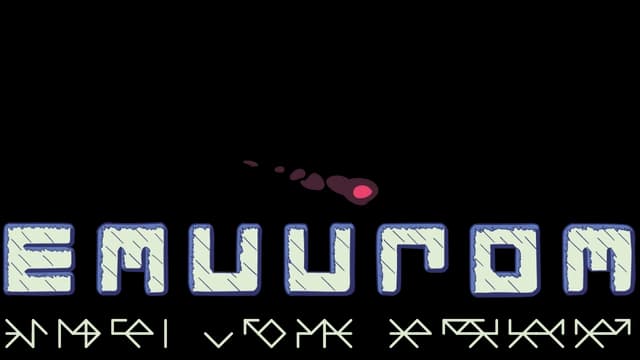Stylized, rune-like font with geometric shapes and a red comet detail.
