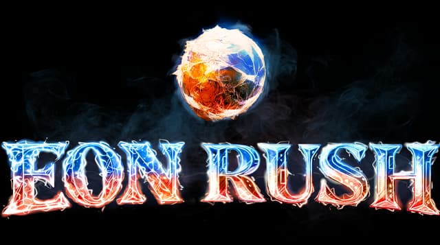 Eon Rush: Glowing beveled serif letters with icy blue and fiery orange energy edges.