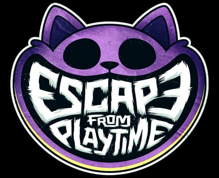 Escape from Playtime: Jagged graffiti-style letters inside purple cat badge with glow.