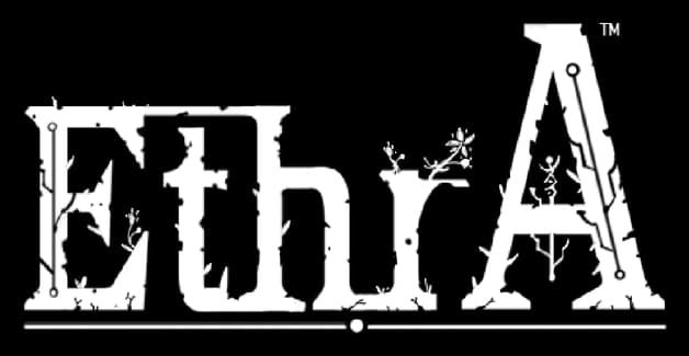 EthrA: Bold serif wordmark with heavy distressed texture and a long underline rule.